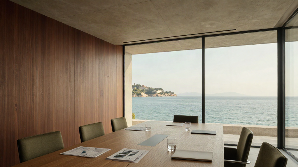 A sunlit executive boardroom overlooking the Mediterranean coast